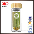 EG503 Promtional reusable double wall bulb shape bottom glass water bottles with bamboo lid tea filter